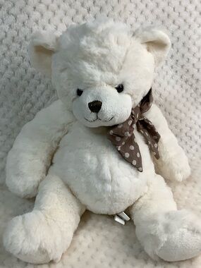 Creature Comforts Plush Cream Teddy Bear Brown Polka Dot Bow Stuffed Animal Toy